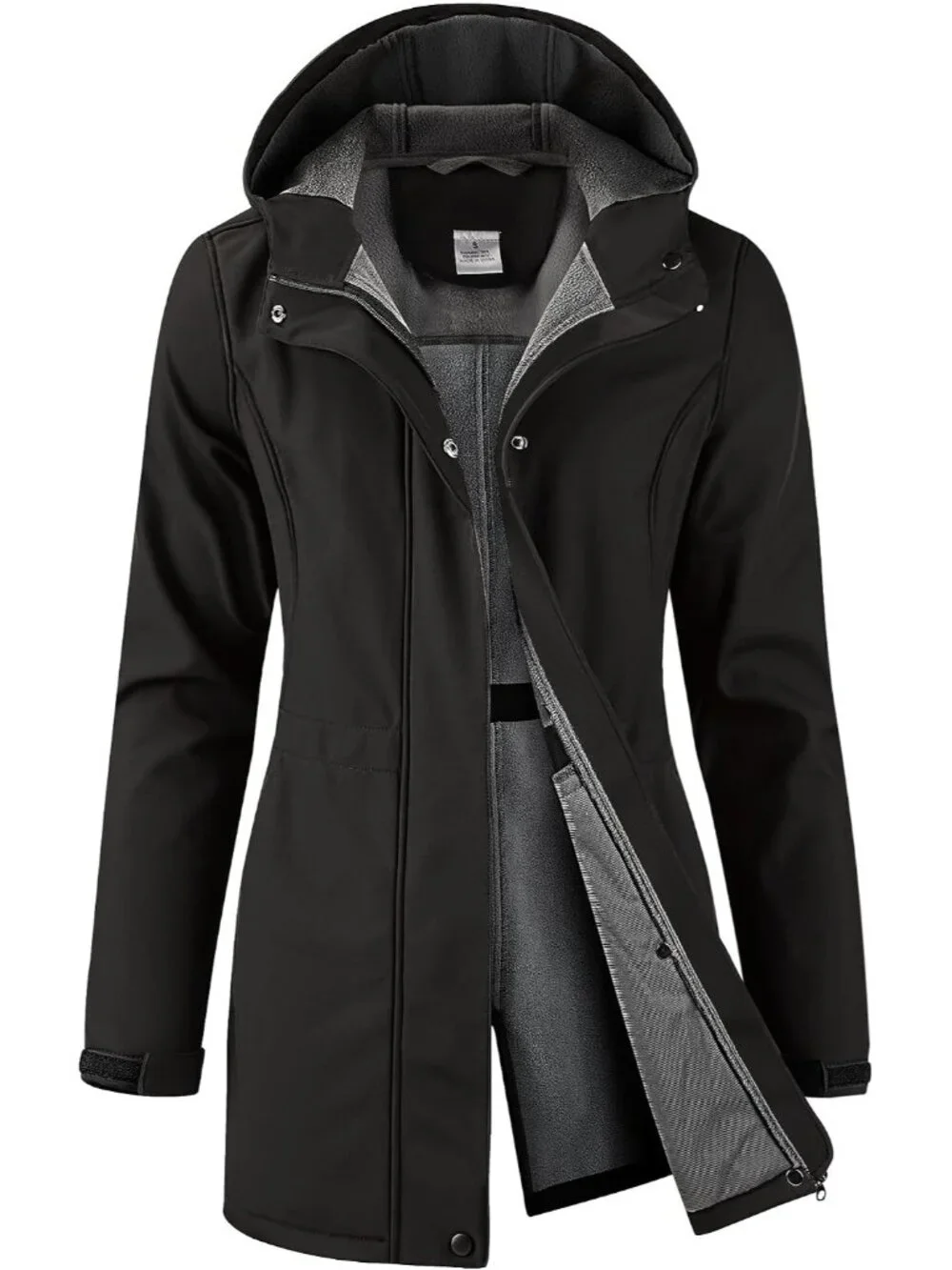 Women's Black Hooded Fleece Lined Waterproof Hiking Softshell Long Rain Jacket
